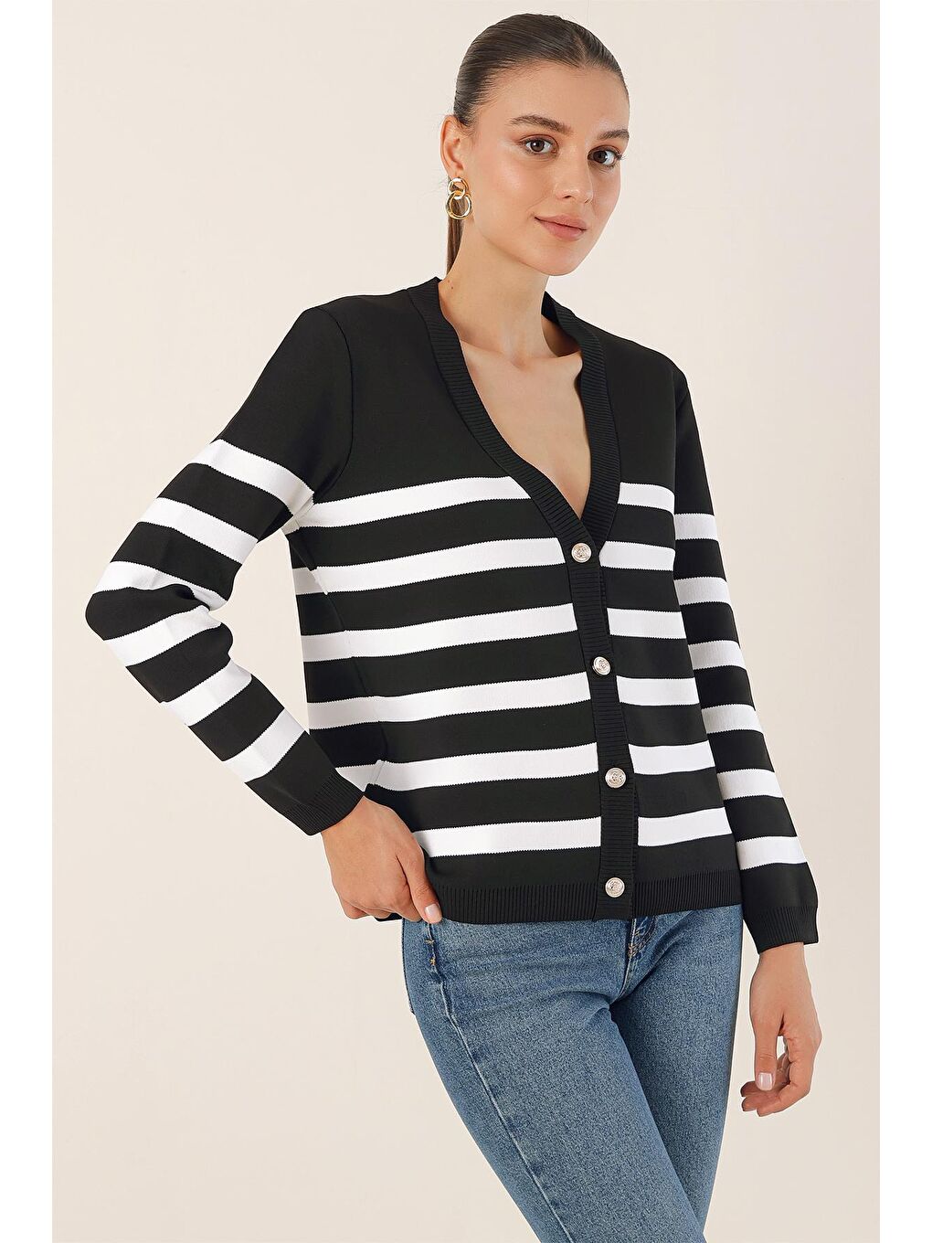 15831 Çizgili Basic Triko Hırka - Siyah