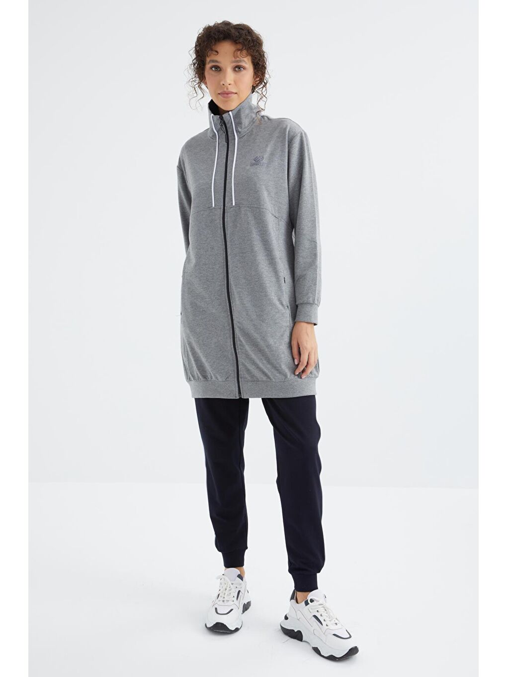 Gri Melanj - Lacivert  Dik Yaka Fermuar Cepli  Kadın Eşofman Tunik Takım - 95317-4