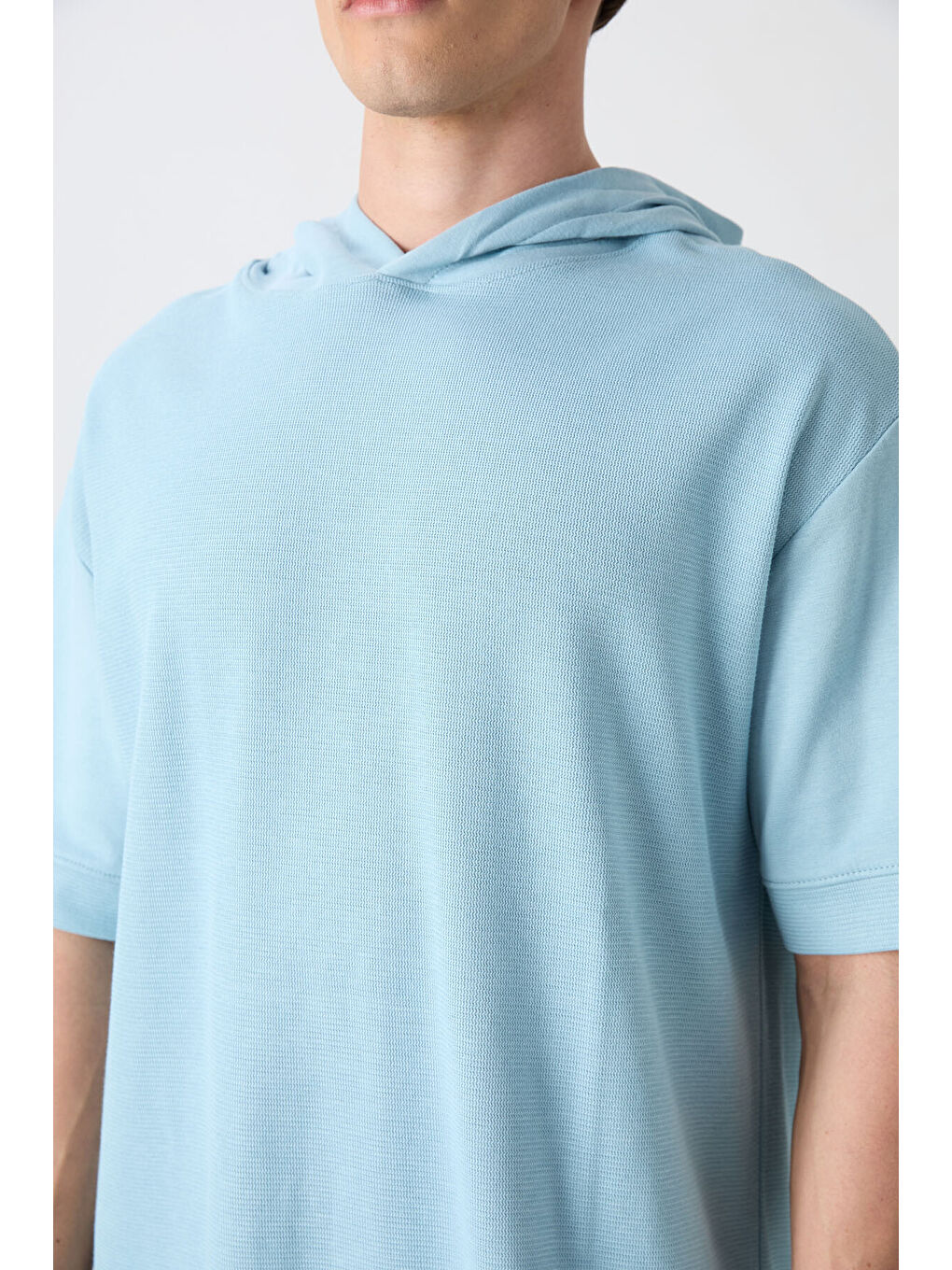 Açık Mavi Pamuklu Kalın Yüzeyi Dokulu Oversize Fit Basic Erkek Tişört - 88335-2