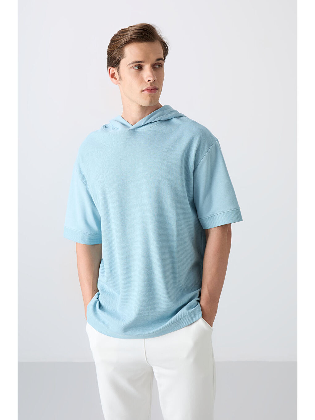 Açık Mavi Pamuklu Kalın Yüzeyi Dokulu Oversize Fit Basic Erkek Tişört - 88335-3