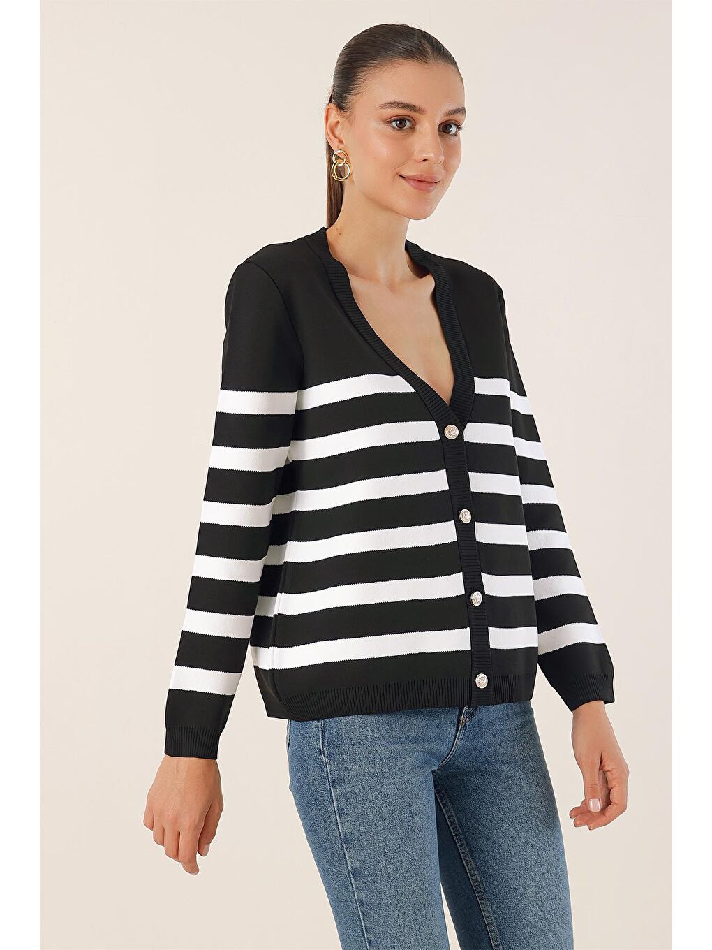 15831 Çizgili Basic Triko Hırka - Siyah-2