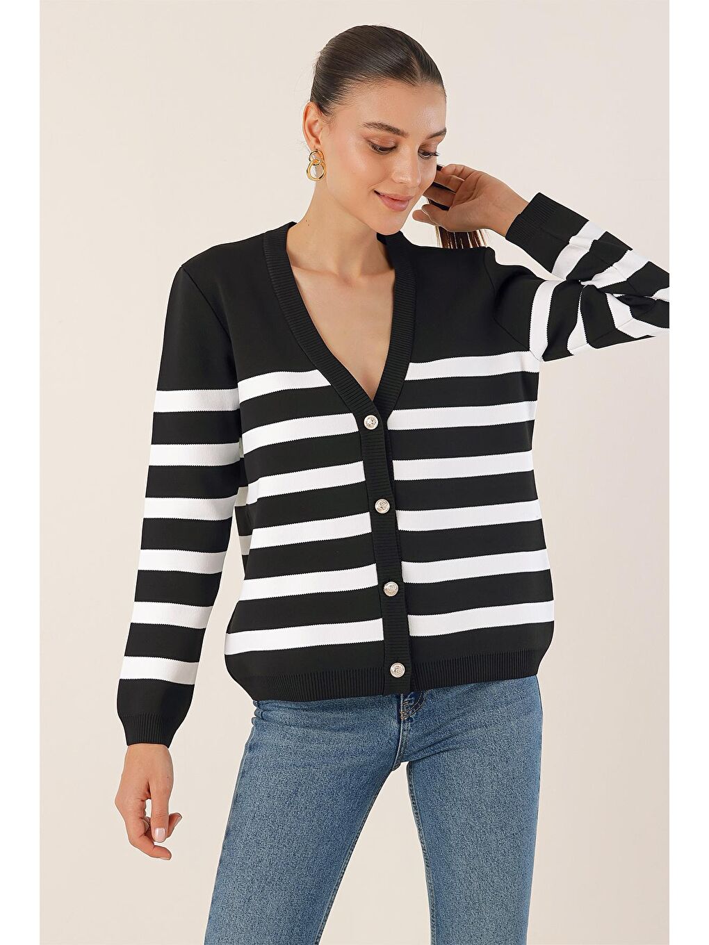 15831 Çizgili Basic Triko Hırka - Siyah-3