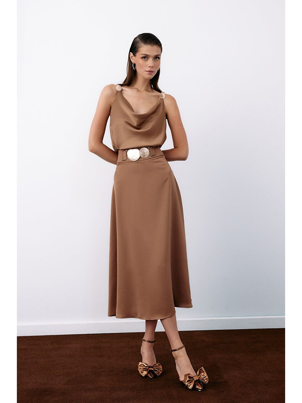 Kahverengi Kemer Aksesuarlı Kloş Etek - Camel-2