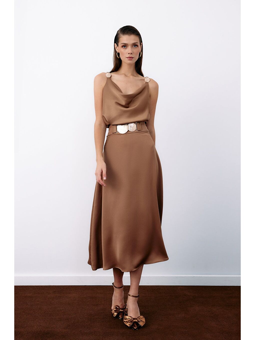 Kahverengi Kemer Aksesuarlı Kloş Etek - Camel-3
