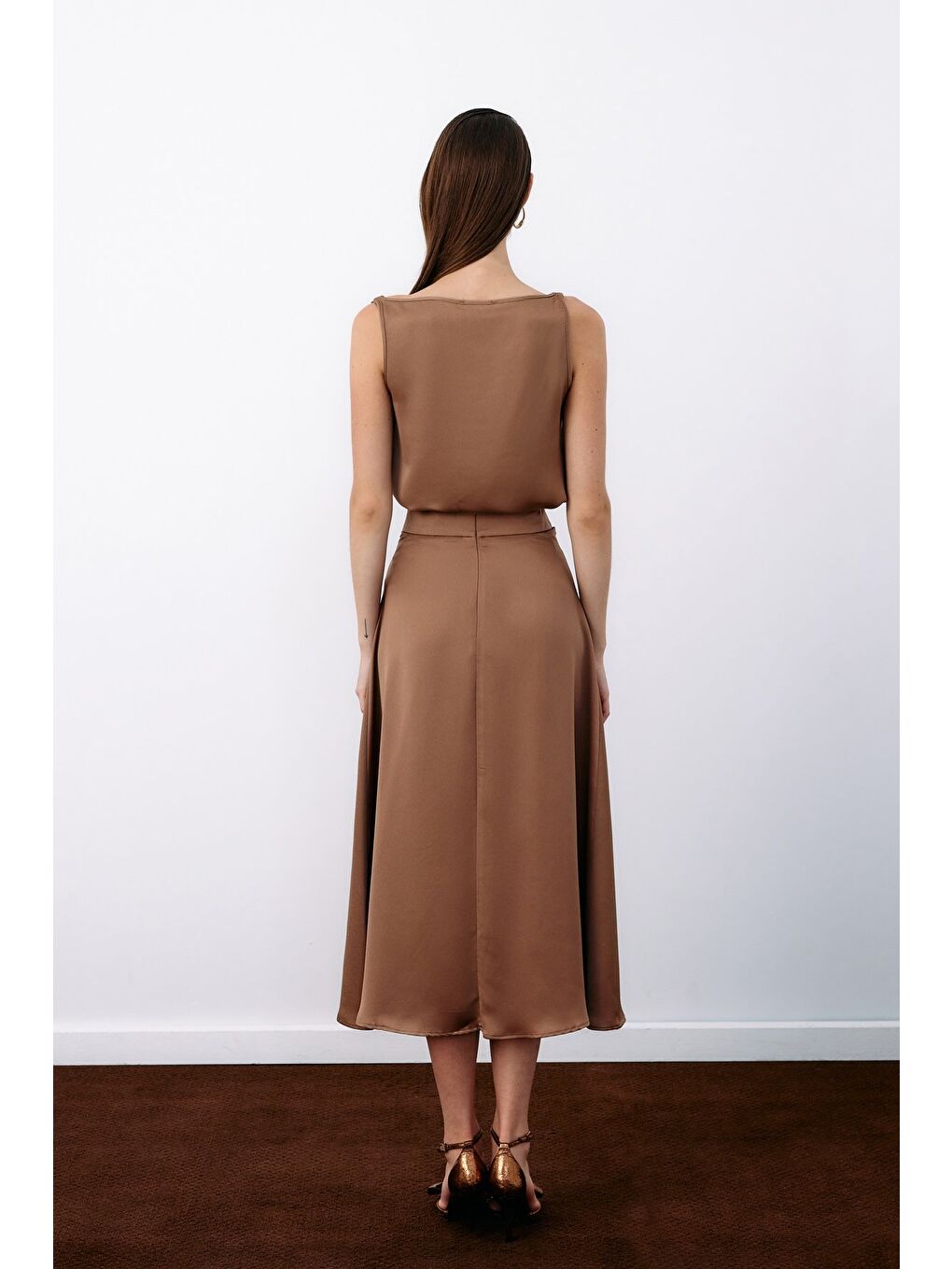 Kahverengi Kemer Aksesuarlı Kloş Etek - Camel-5