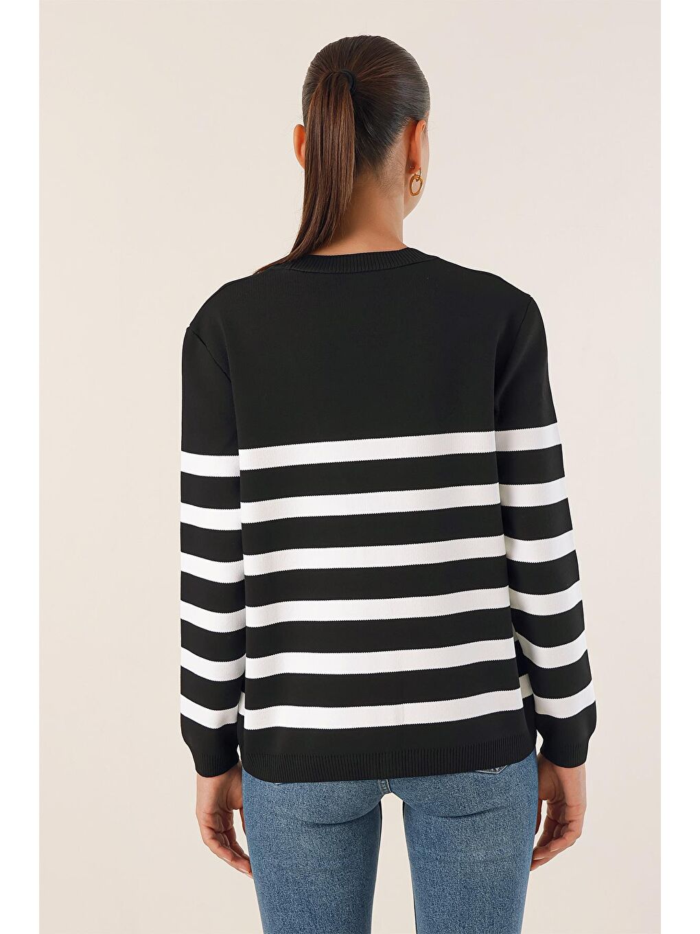 15831 Çizgili Basic Triko Hırka - Siyah-5