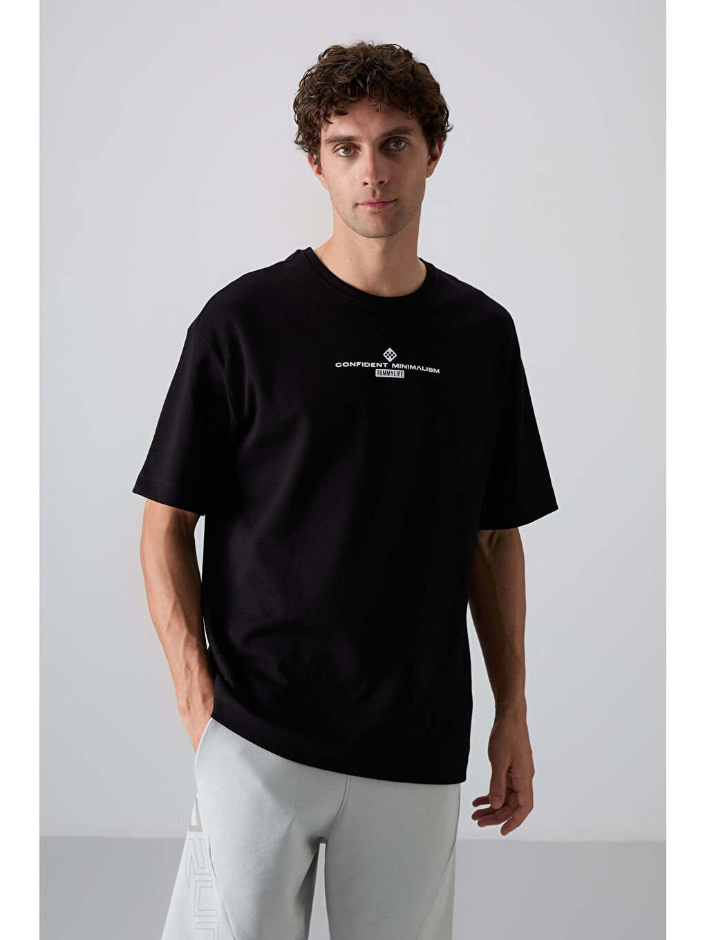 Siyah Sıyah/Beyaz Pamuklu Kalın Yumuşak Dokulu Oversize Fit Baskılı Erkek Tişört - 88321-3