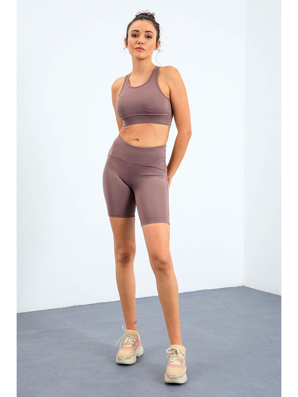 Pembe Gül Kurusu Yüksek Bel Toparlayıcı Slim Fit Büstiyer Biker Kadın Tayt Takım - 95303-1