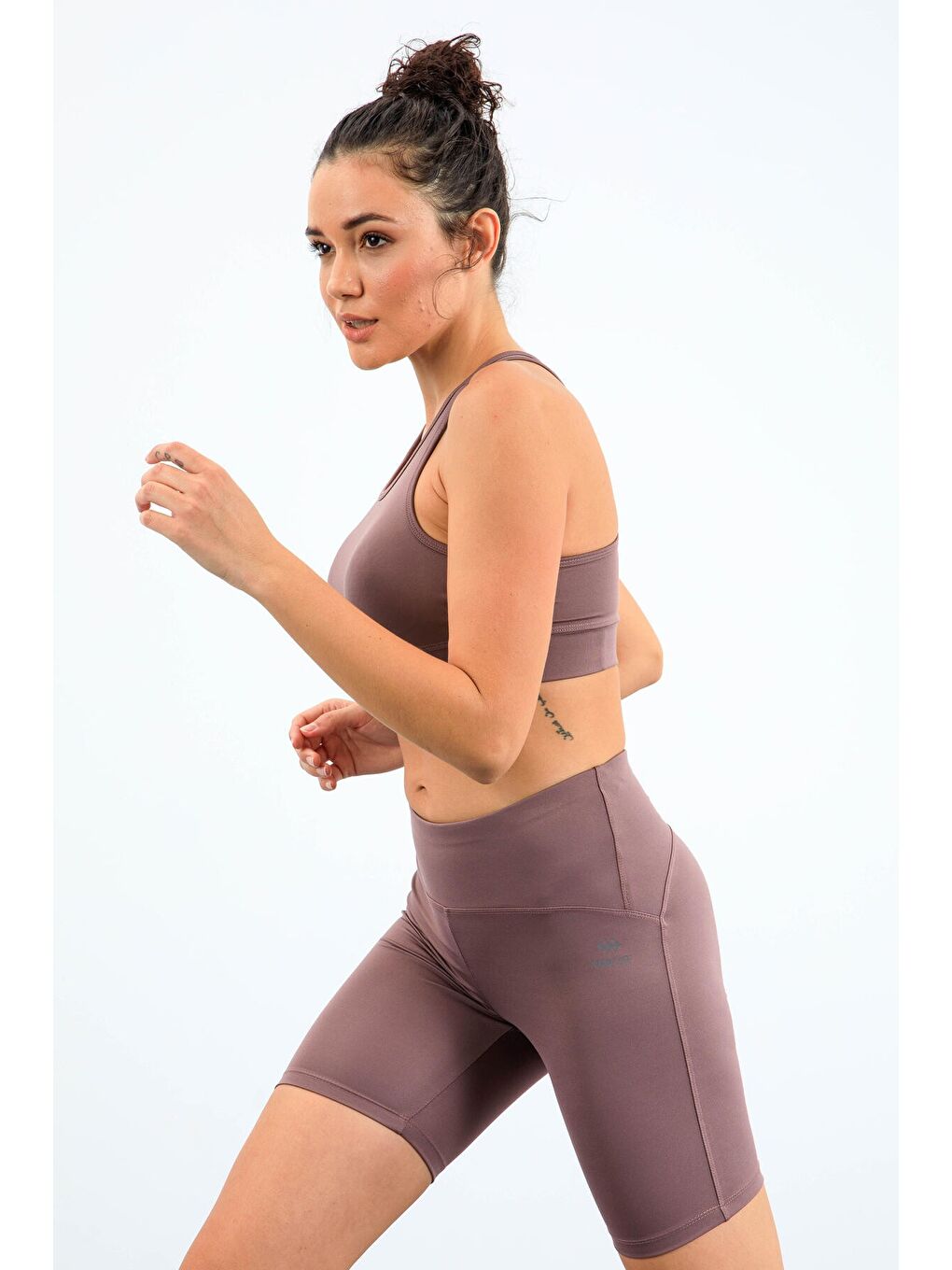 Pembe Gül Kurusu Yüksek Bel Toparlayıcı Slim Fit Büstiyer Biker Kadın Tayt Takım - 95303-3