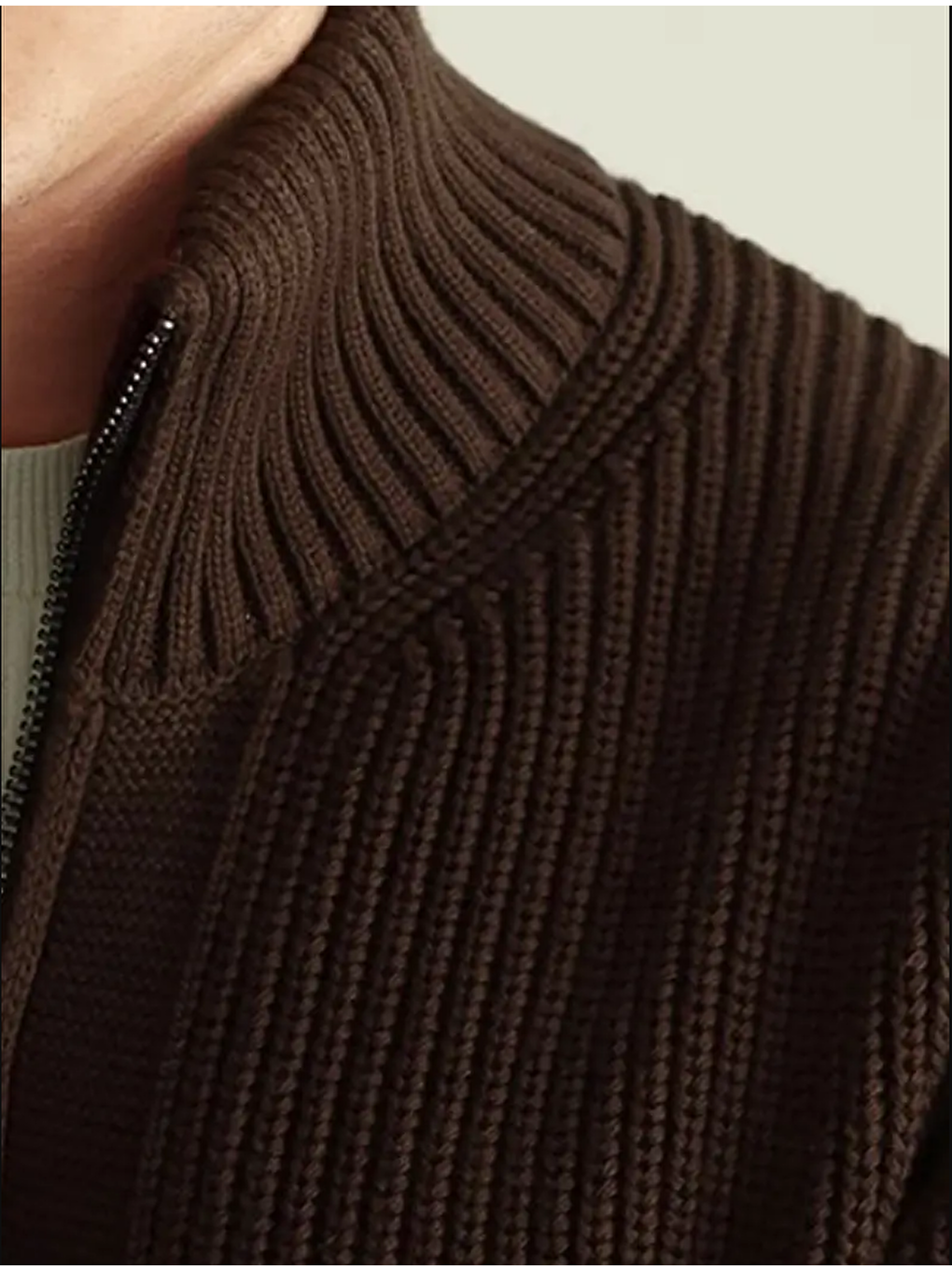 Kahverengi Erkek Dik Yaka Fermuarlı Standart Fit Triko Hırka-3