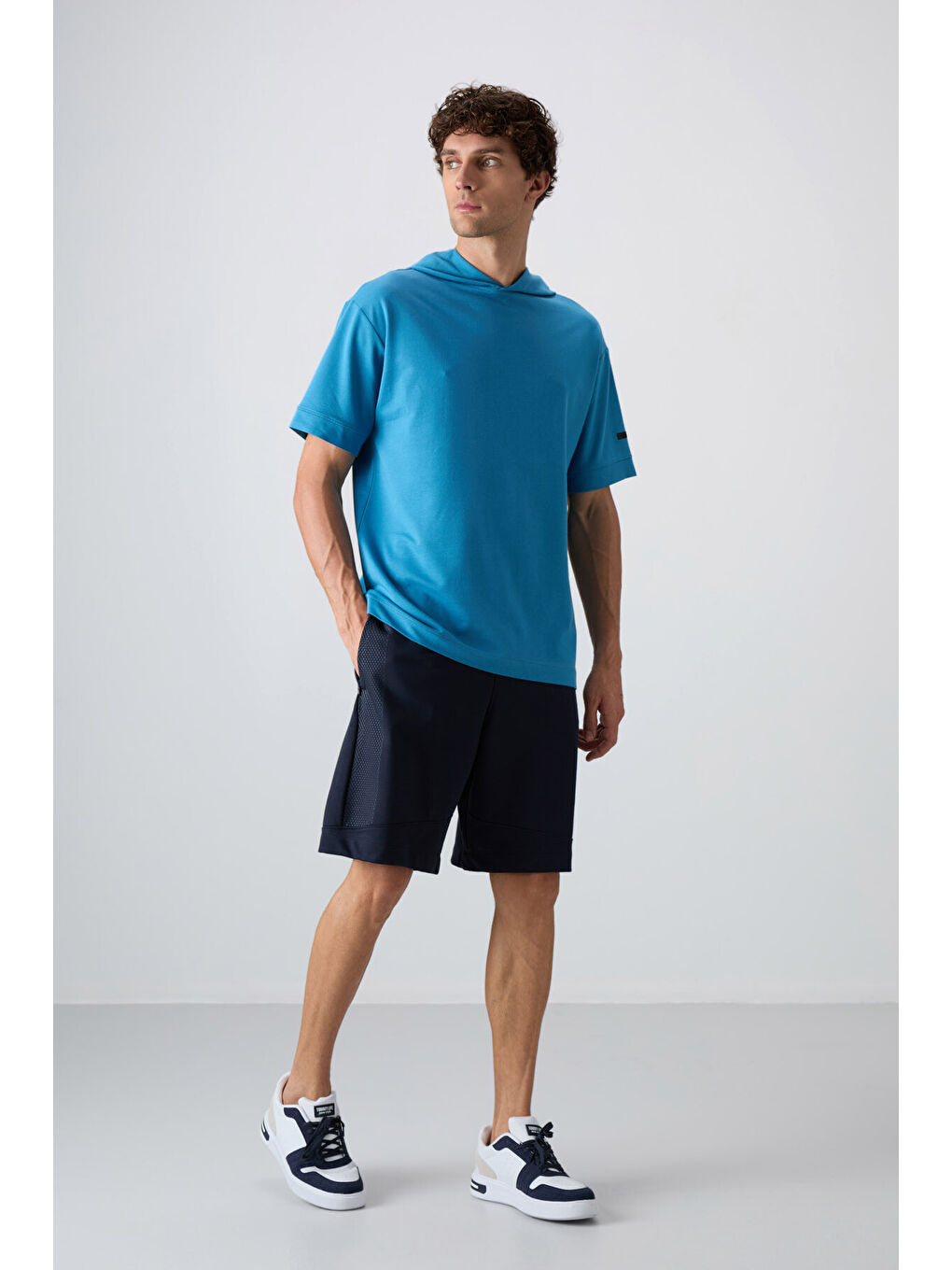 Petrol Mavi Pamuklu Kalın Yumuşak Dokulu Oversize Fit Basic Erkek Tişört - 88352-1