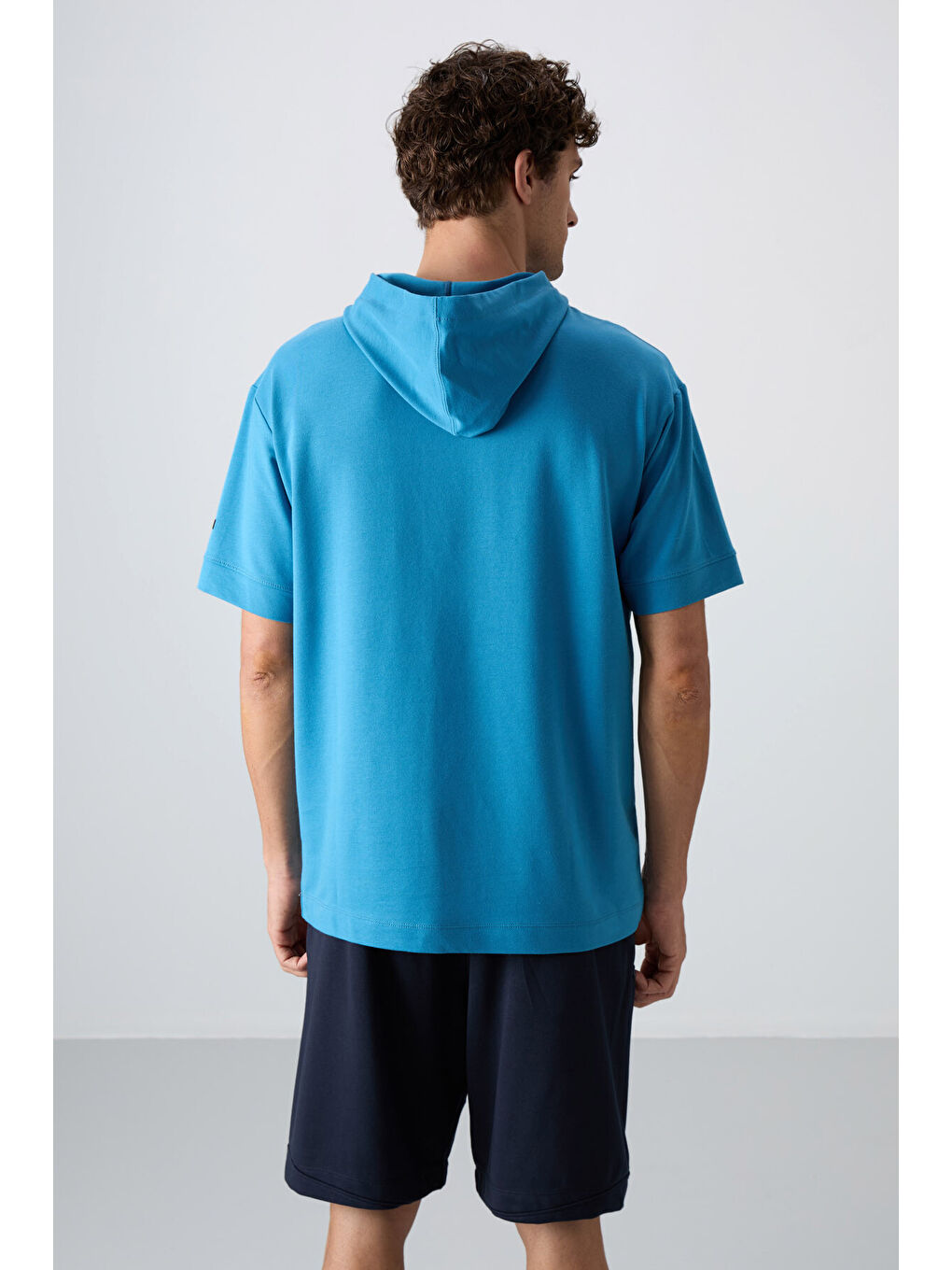 Petrol Mavi Pamuklu Kalın Yumuşak Dokulu Oversize Fit Basic Erkek Tişört - 88352-4