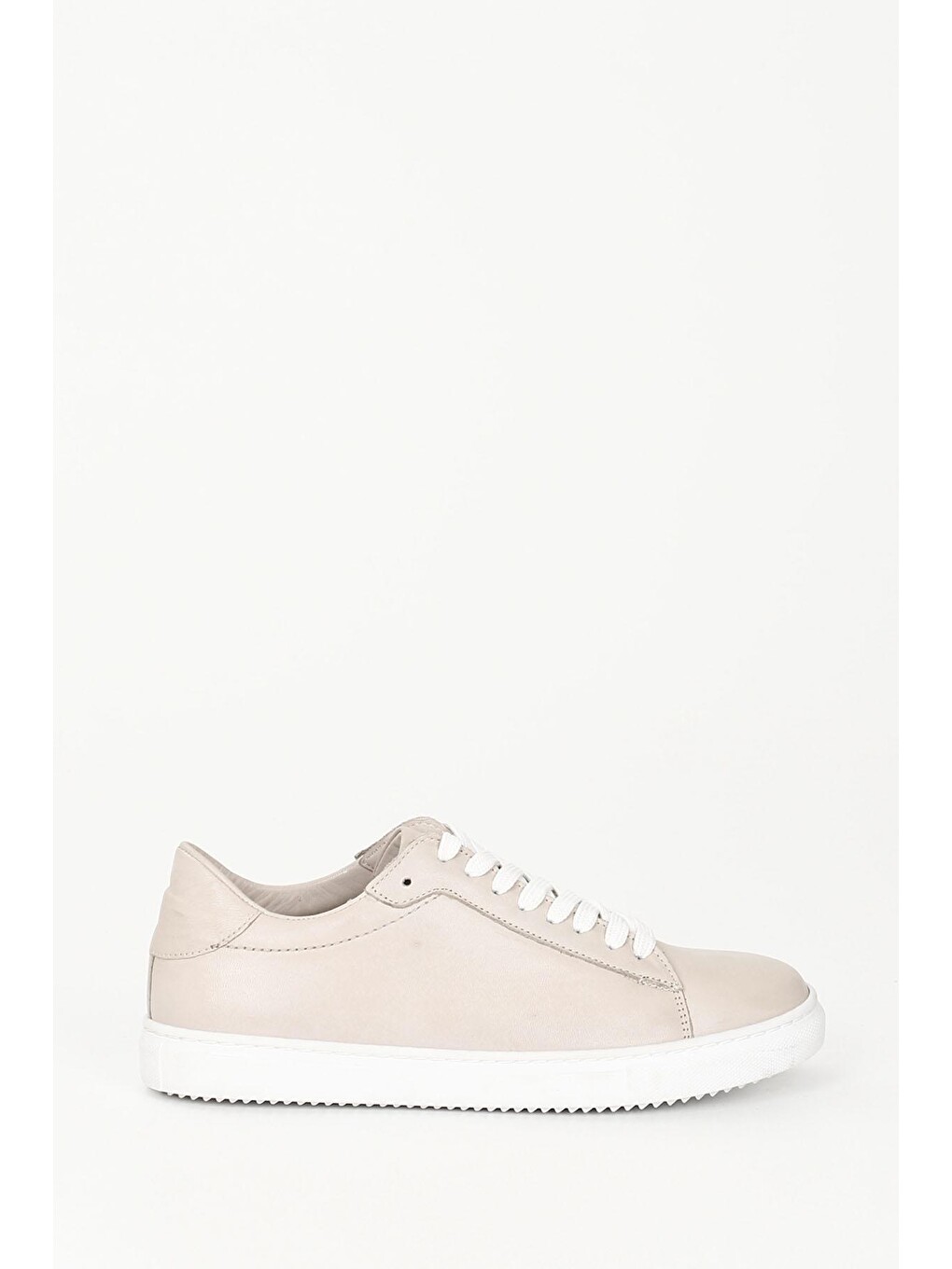 Bej Hakiki Deri Yuvarlak Burun Bağcıklı Kadın Sneaker 24237-3