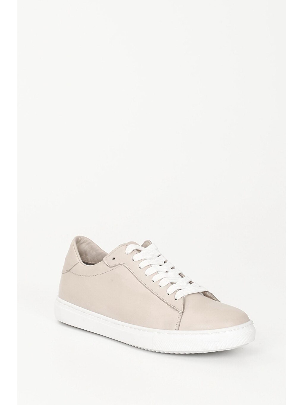 Bej Hakiki Deri Yuvarlak Burun Bağcıklı Kadın Sneaker 24237-4