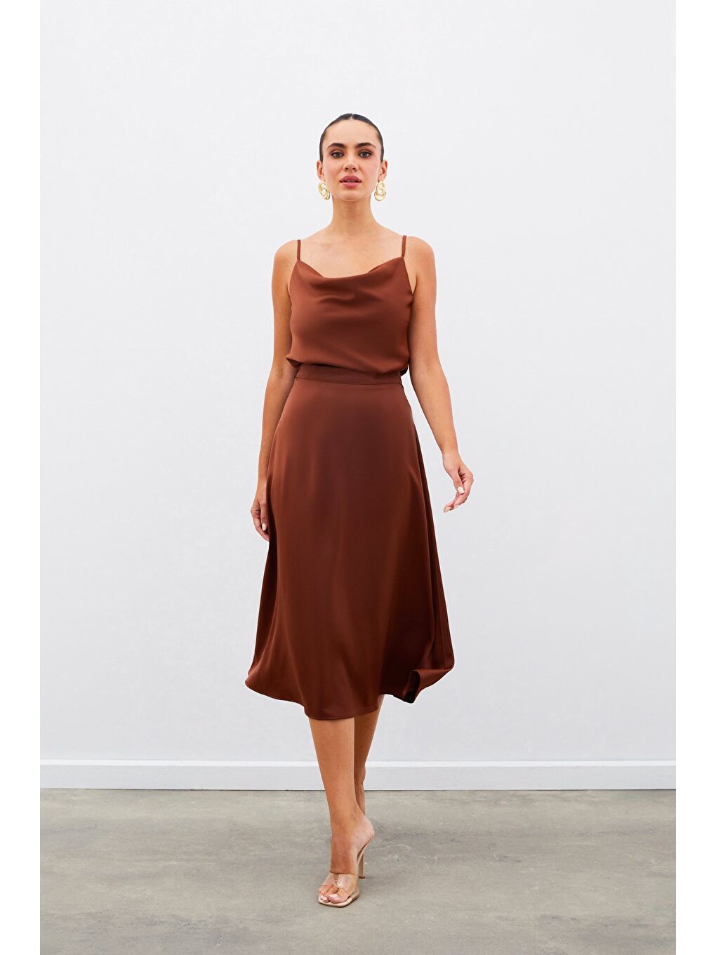 Kahverengi Midi Boy Saten Etek - Kahve-1
