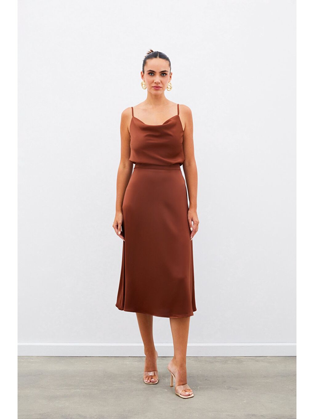 Kahverengi Midi Boy Saten Etek - Kahve-2