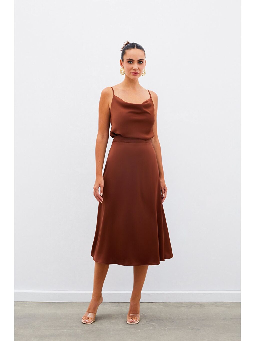 Kahverengi Midi Boy Saten Etek - Kahve-3