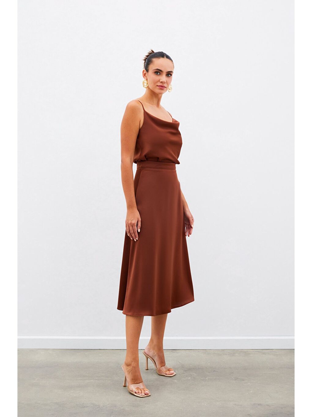 Kahverengi Midi Boy Saten Etek - Kahve-4
