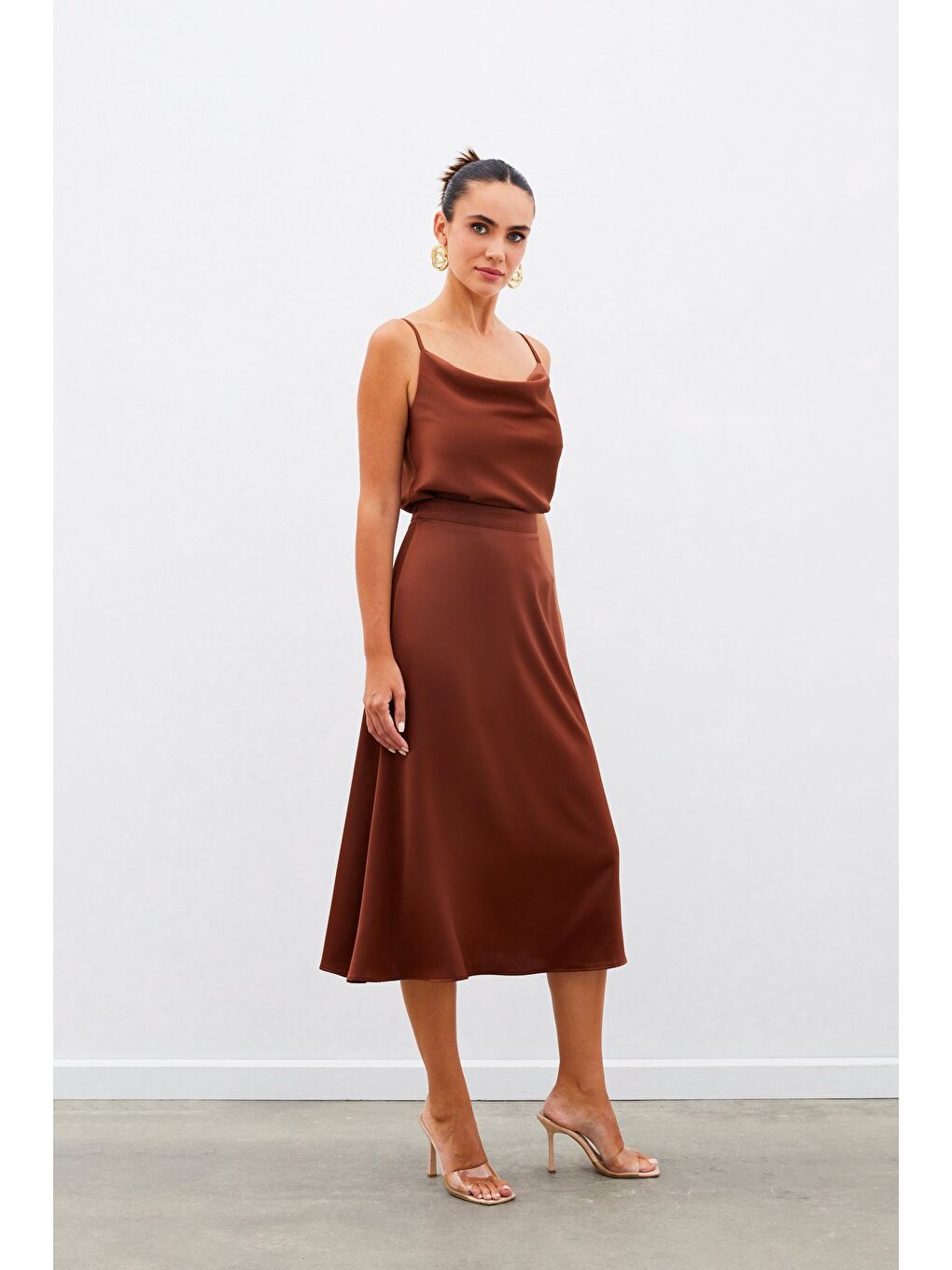 Kahverengi Midi Boy Saten Etek - Kahve-5