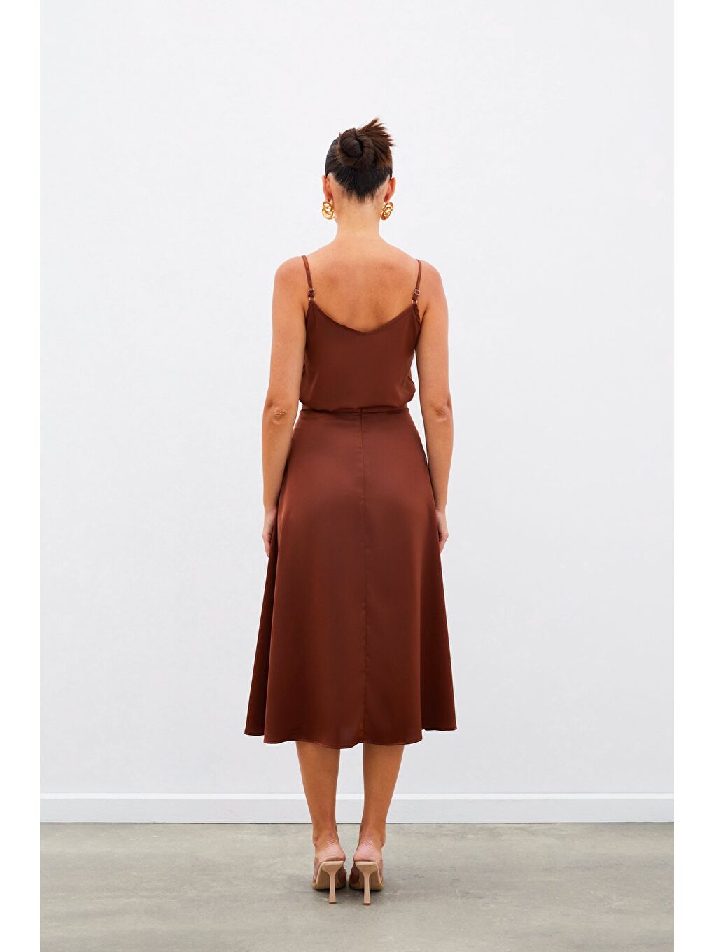 Kahverengi Midi Boy Saten Etek - Kahve-7