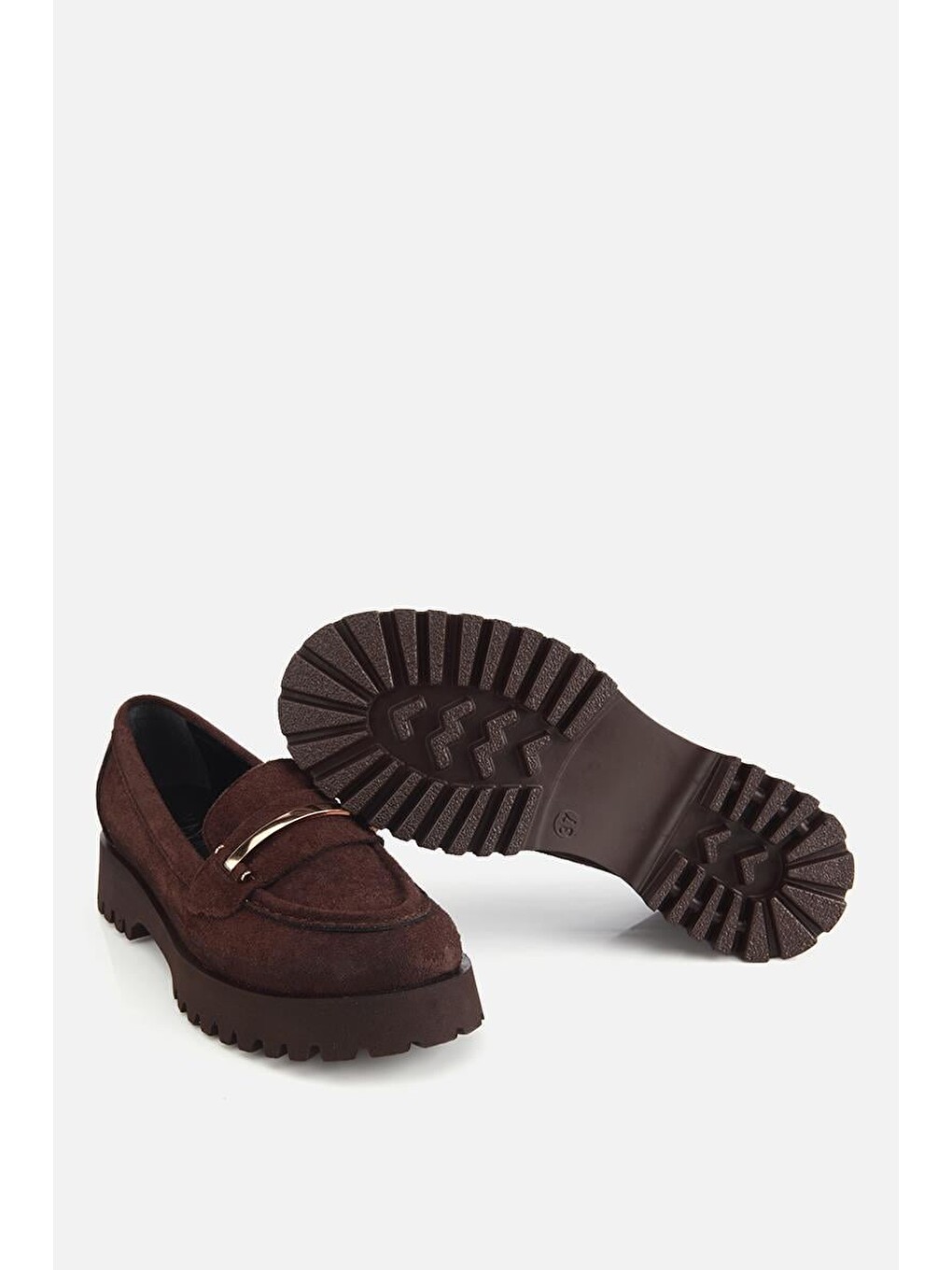 Kadın Kahverengi Süet Toka Detaylı Kalın Taban Loafer-5