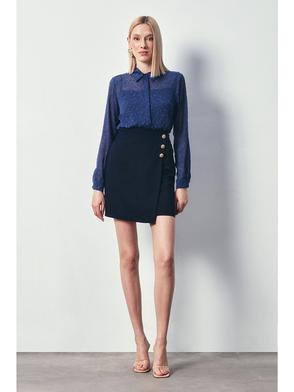 Kruvaze Düğme Detaylı Etek - Lacivert-1