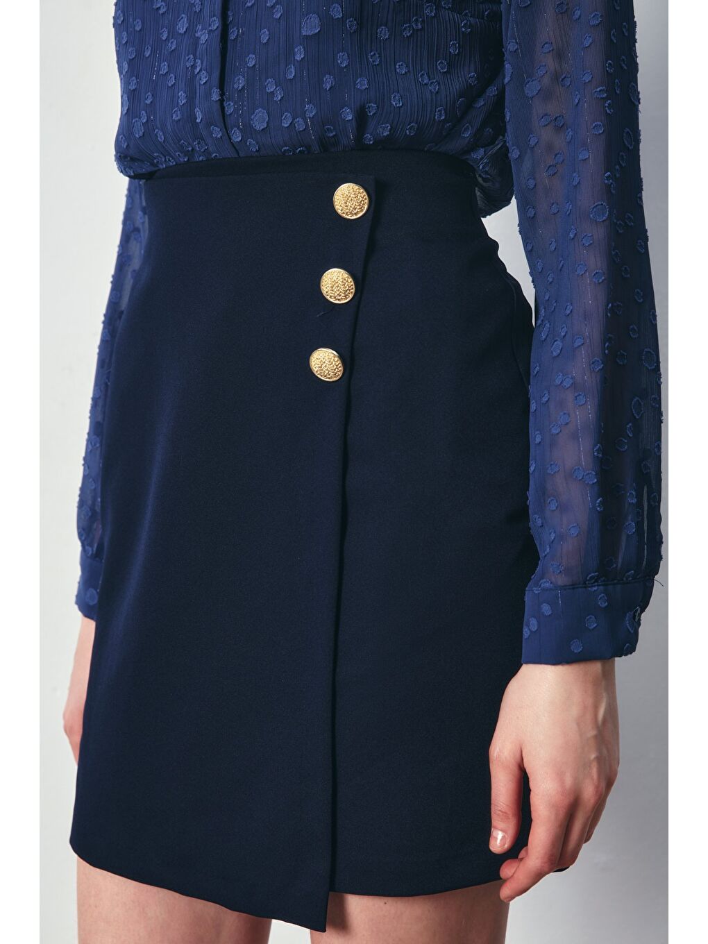 Kruvaze Düğme Detaylı Etek - Lacivert-2