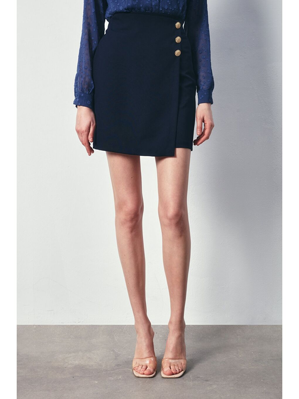 Kruvaze Düğme Detaylı Etek - Lacivert-3