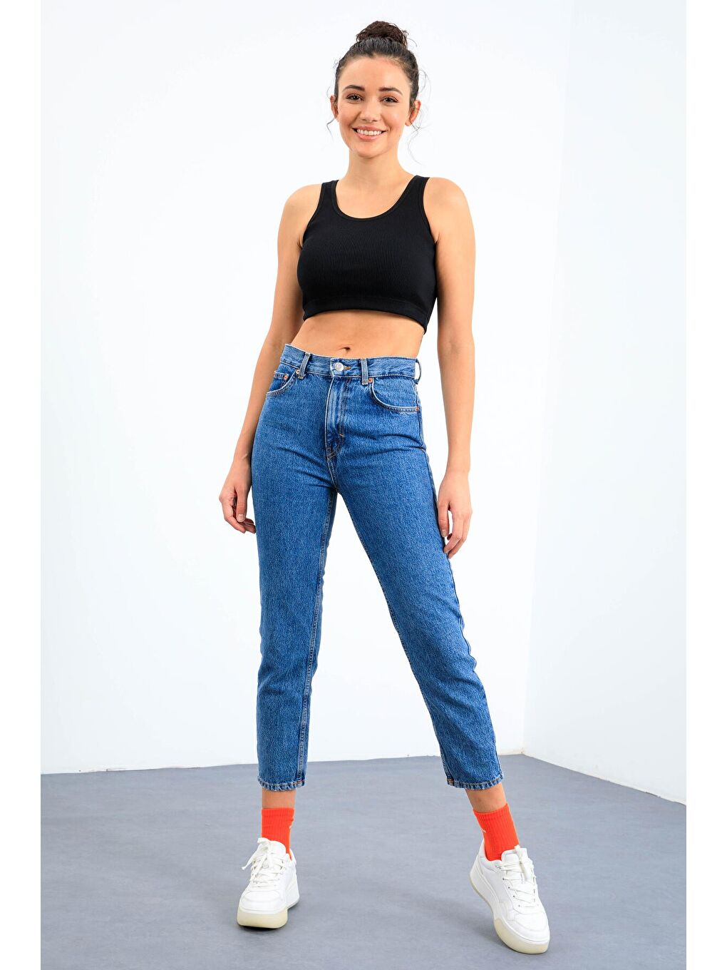 Lacivert Basic Sıfır Kol Dar Kalıp U Yaka Kadın Crop Top Atlet - 97160-3