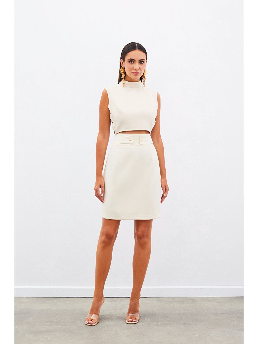 Çıt Aksesuarlı Mini Etek - Bej-1