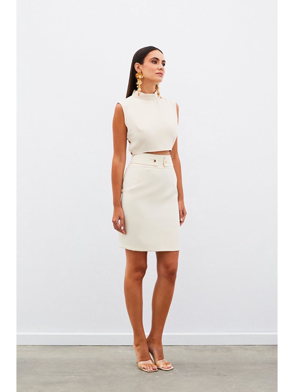 Çıt Aksesuarlı Mini Etek - Bej-2