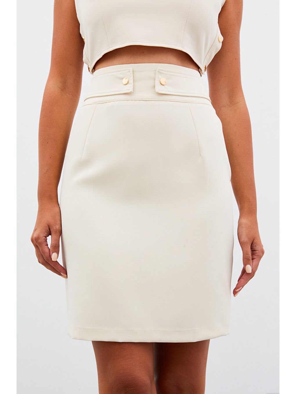 Çıt Aksesuarlı Mini Etek - Bej-4