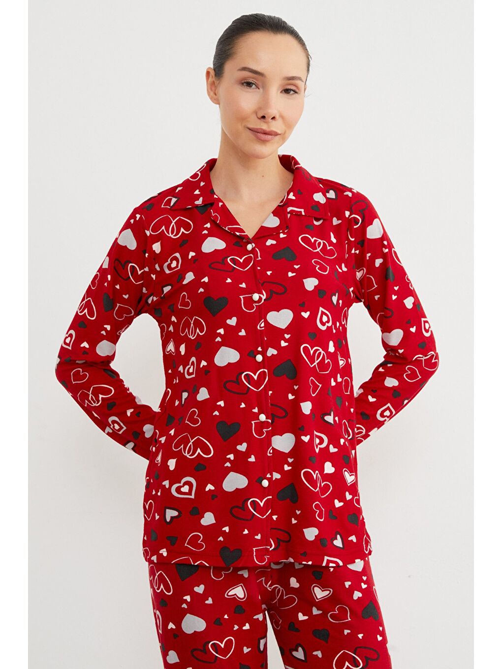 Kırmızı Ayıcık Desenli Gömlek Yaka Süet Pijama Takımı-3