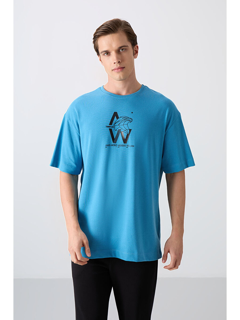 Petrol Mavi Pamuklu Kalın Yumuşak Dokulu Oversize Fit Baskılı Erkek Tişört - 88332