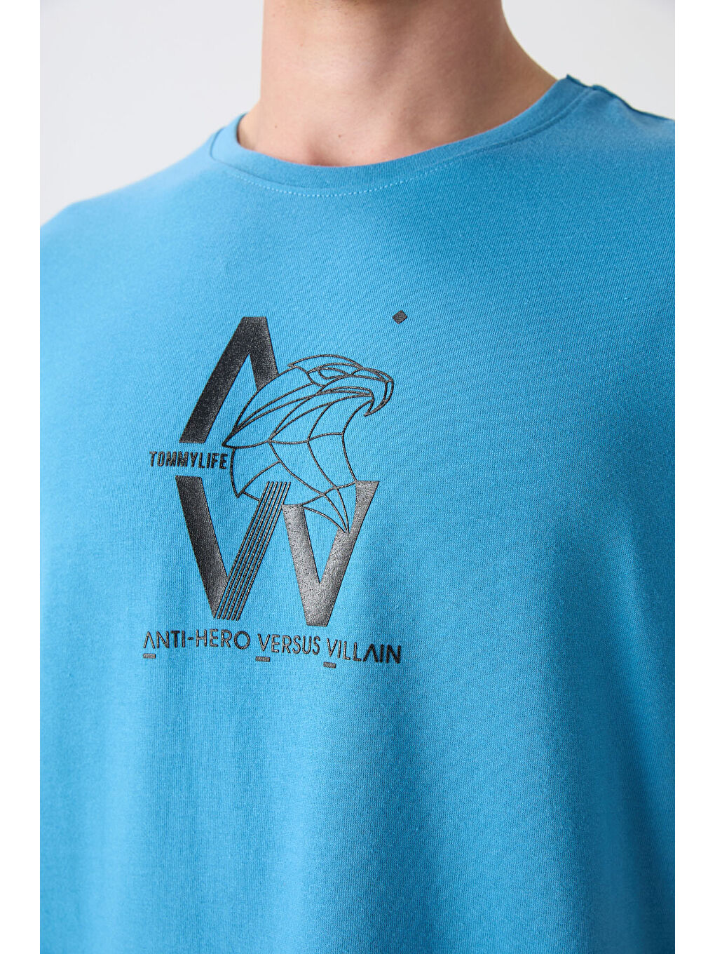 Petrol Mavi Pamuklu Kalın Yumuşak Dokulu Oversize Fit Baskılı Erkek Tişört - 88332-2