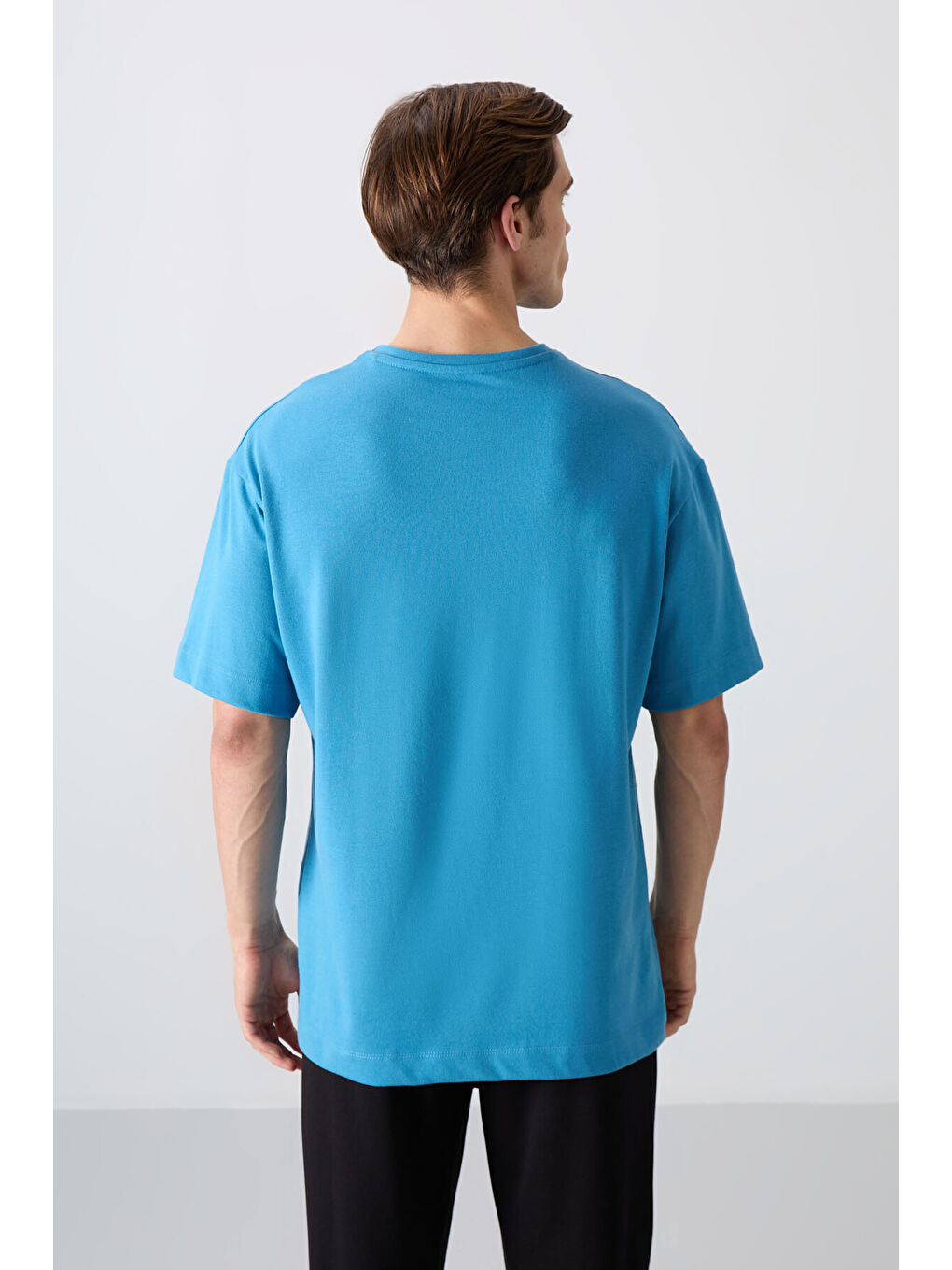 Petrol Mavi Pamuklu Kalın Yumuşak Dokulu Oversize Fit Baskılı Erkek Tişört - 88332-4
