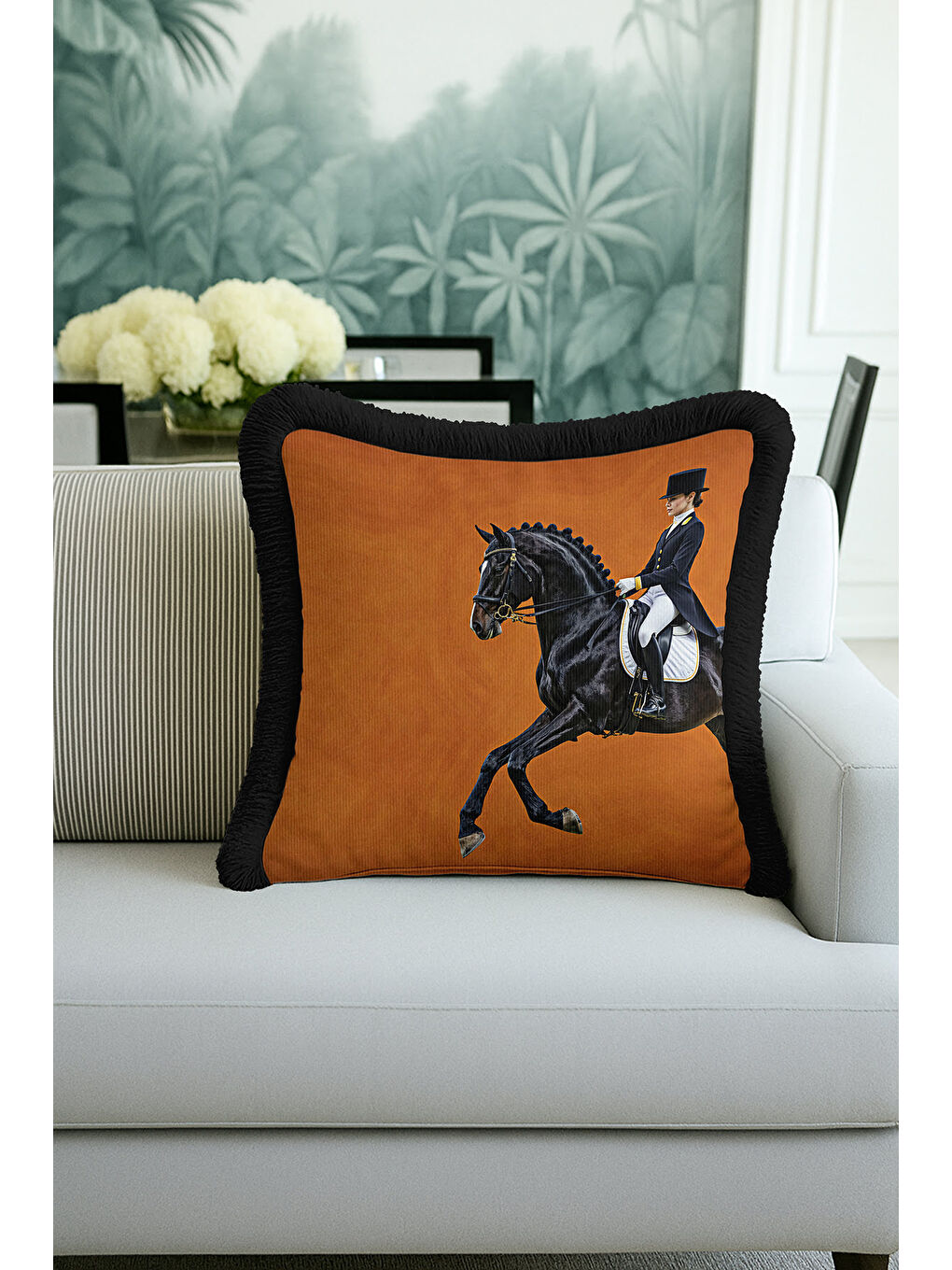 Karışık Atlı Zarif Şıklık Saçaklı Yastık Kılıfı - Klasik Equestrian Siyah Gold Püsküllü Kırlent Kılıfı