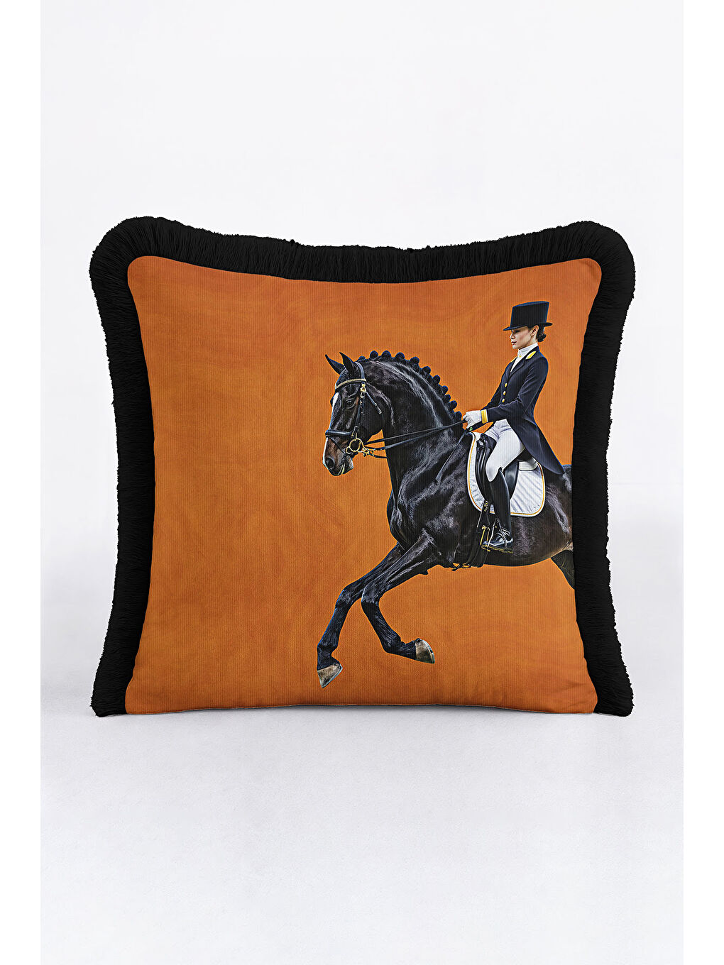 Karışık Atlı Zarif Şıklık Saçaklı Yastık Kılıfı - Klasik Equestrian Siyah Gold Püsküllü Kırlent Kılıfı-1