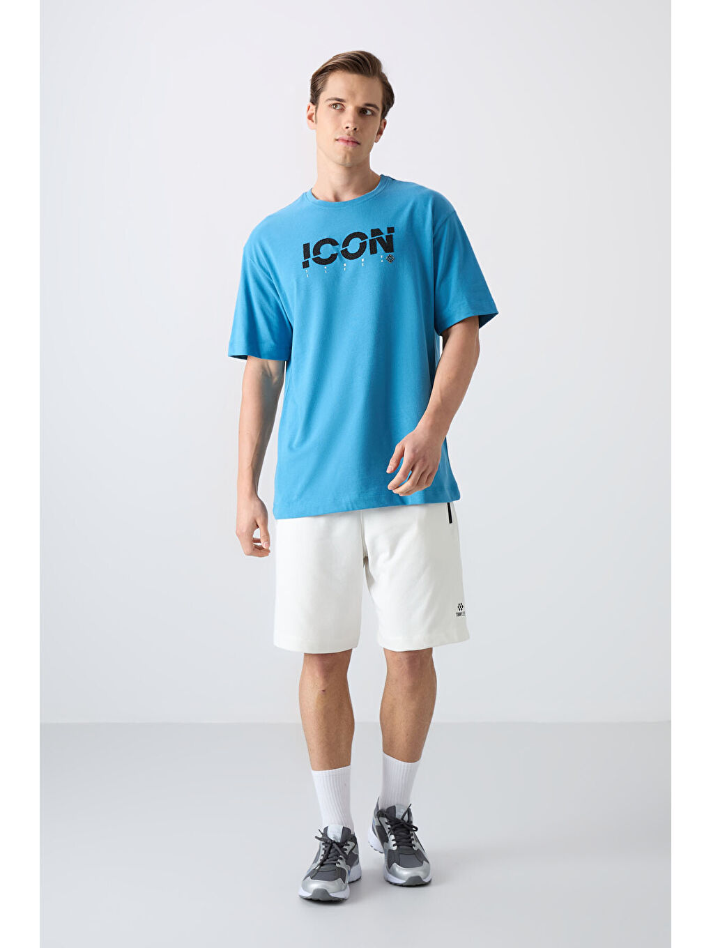 Petrol Mavi Pamuklu Kalın Yumuşak Dokulu Oversize Fit Baskılı Erkek Tişört - 88331-1