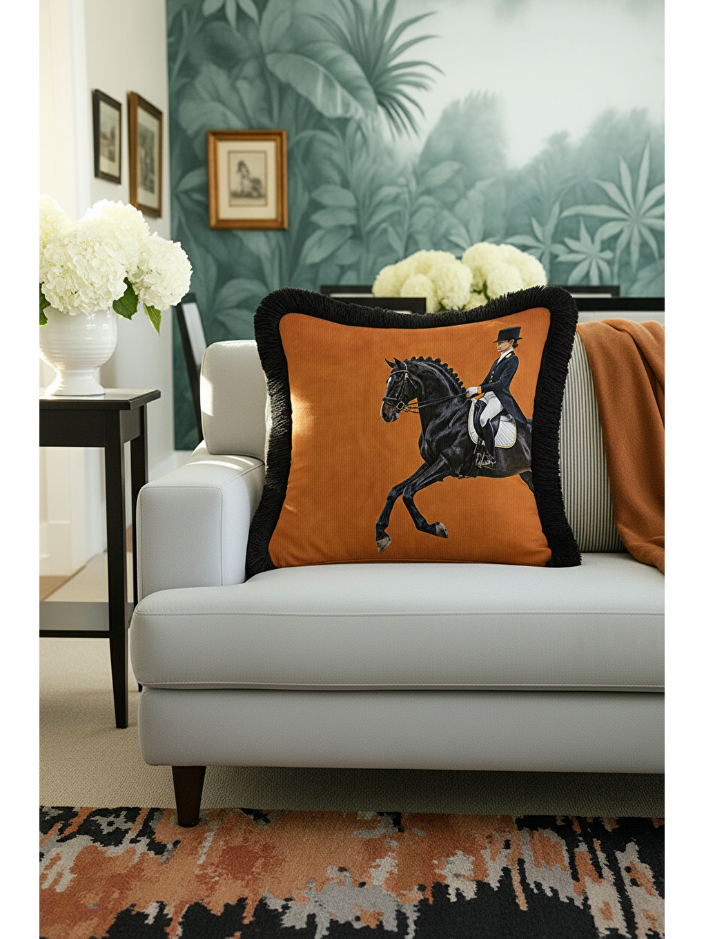 Karışık Atlı Zarif Şıklık Saçaklı Yastık Kılıfı - Klasik Equestrian Siyah Gold Püsküllü Kırlent Kılıfı-2