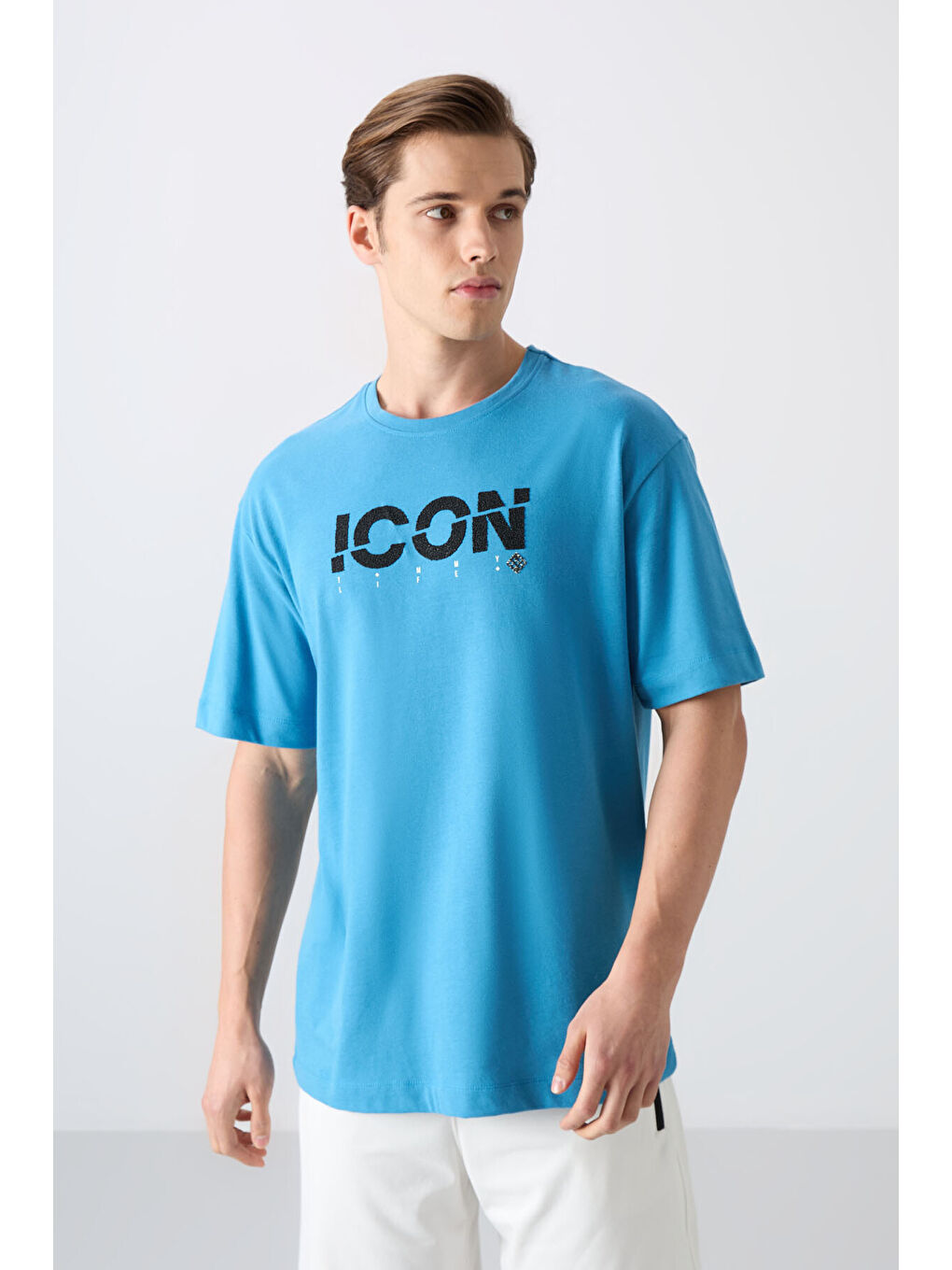 Petrol Mavi Pamuklu Kalın Yumuşak Dokulu Oversize Fit Baskılı Erkek Tişört - 88331-3