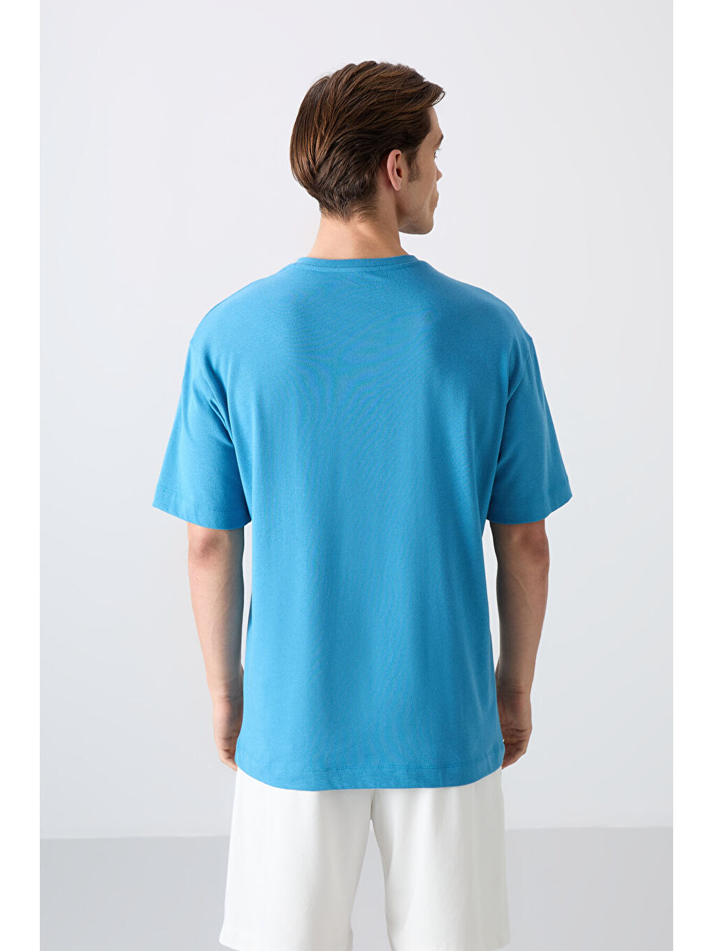 Petrol Mavi Pamuklu Kalın Yumuşak Dokulu Oversize Fit Baskılı Erkek Tişört - 88331-4