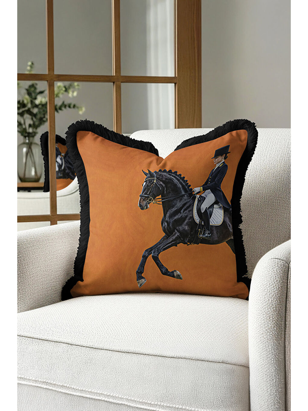 Karışık Atlı Zarif Şıklık Saçaklı Yastık Kılıfı - Klasik Equestrian Siyah Gold Püsküllü Kırlent Kılıfı-3
