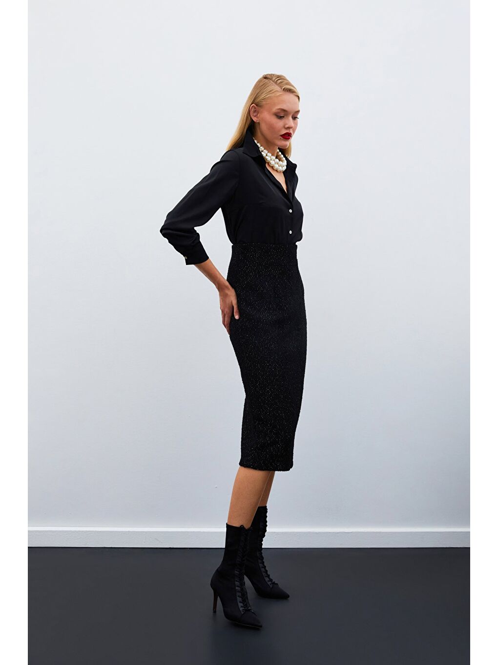 Midi Boy Tüvit Etek - Siyah-2