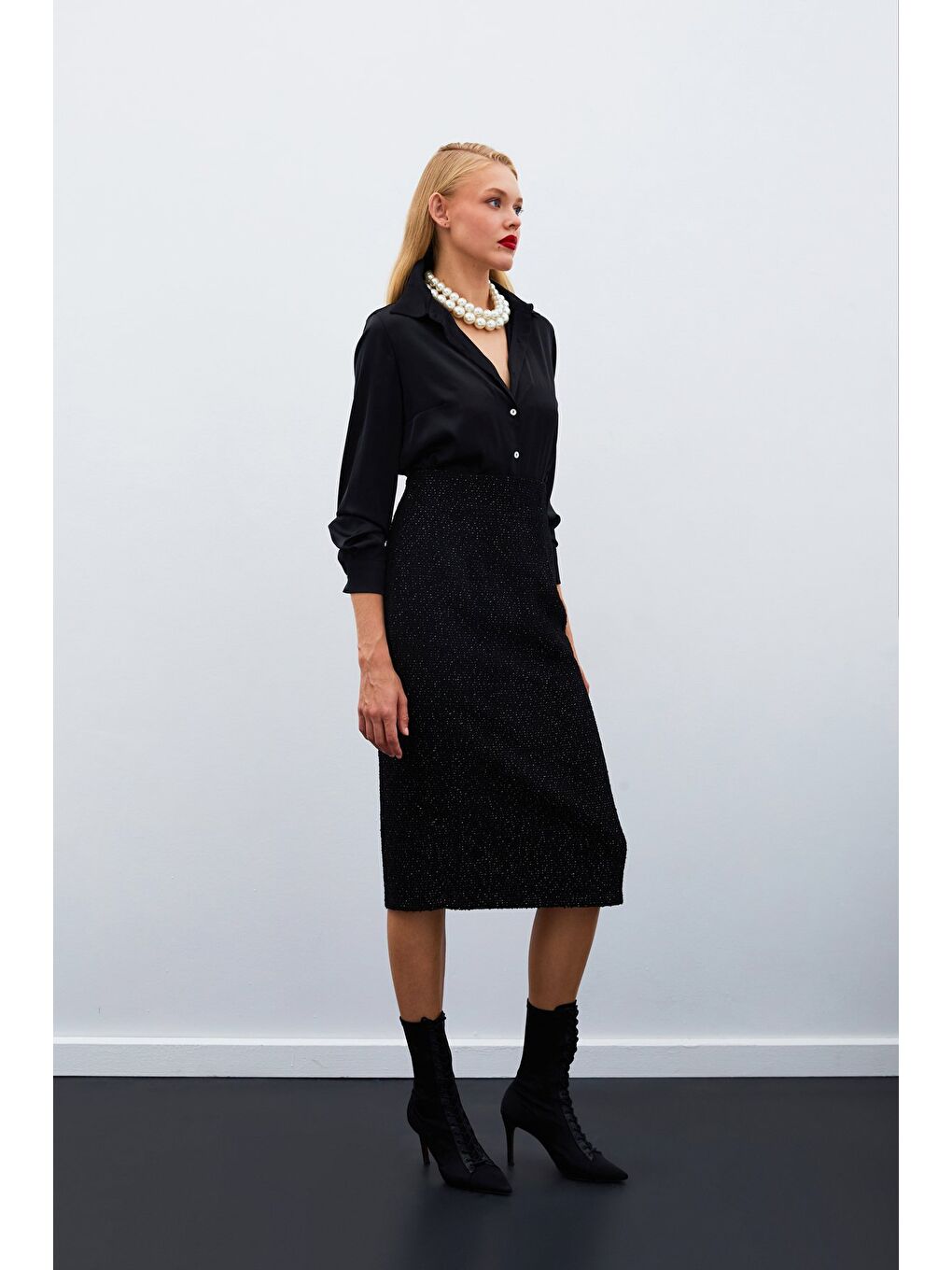 Midi Boy Tüvit Etek - Siyah-3