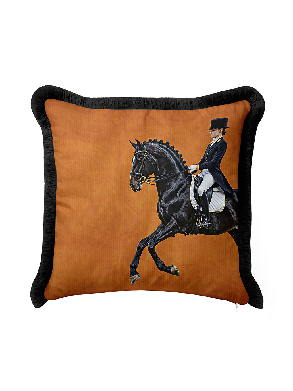 Karışık Atlı Zarif Şıklık Saçaklı Yastık Kılıfı - Klasik Equestrian Siyah Gold Püsküllü Kırlent Kılıfı-4