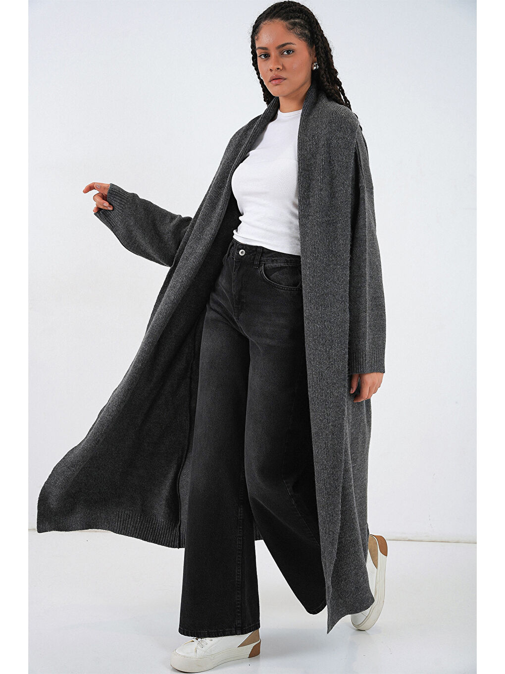 Kadın Uzun Oversize Triko Hırka 15924 - Antrasit-1