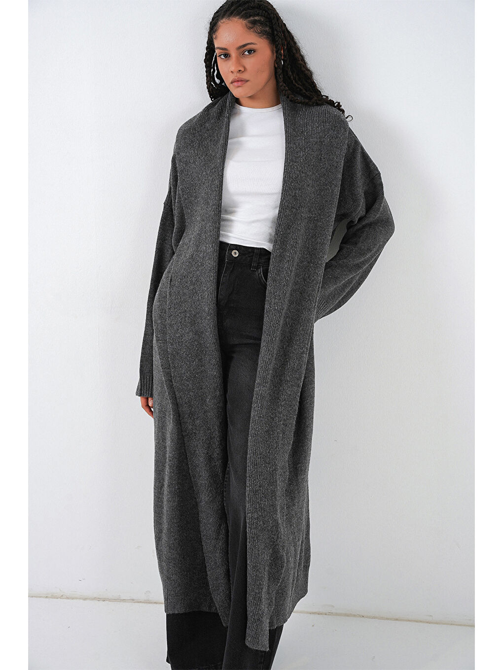 Kadın Uzun Oversize Triko Hırka 15924 - Antrasit-2