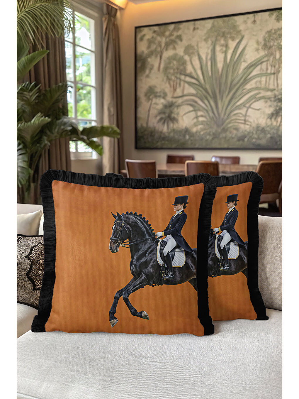 Karışık Atlı Zarif Şıklık Saçaklı Yastık Kılıfı - Klasik Equestrian Siyah Gold Püsküllü Kırlent Kılıfı-5