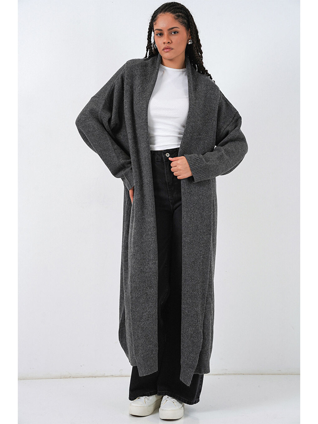 Kadın Uzun Oversize Triko Hırka 15924 - Antrasit-3